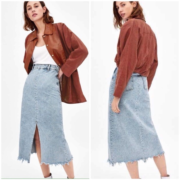 light wash denim midi skirt